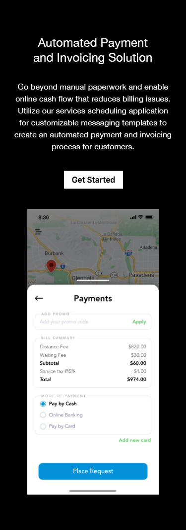 Maintenance Service Scheduling Software - Utilize our services scheduling application for customizable messaging templates to create an automated payment and invoicing process for customers.